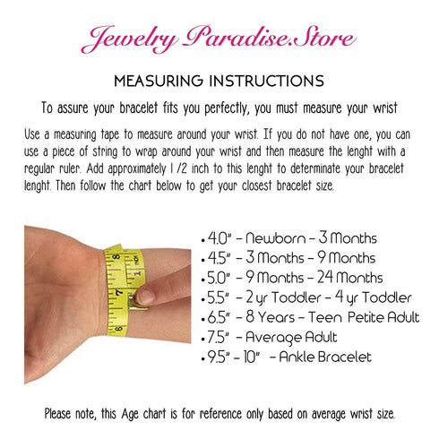 Infographic titled "Jewelry Paradise Store Measuring Instructions" featuring a wrist measuring guide and a chart listing wrist sizes for various age groups. Discover styles like the Unisex Bracelet with Multi Color Turkish Evil Eye Spiritual Protection Luck Ojo Turco, known for its spiritual protection, gracefully fitting every measurement.